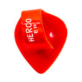 Red plastic thumbpick on a white background