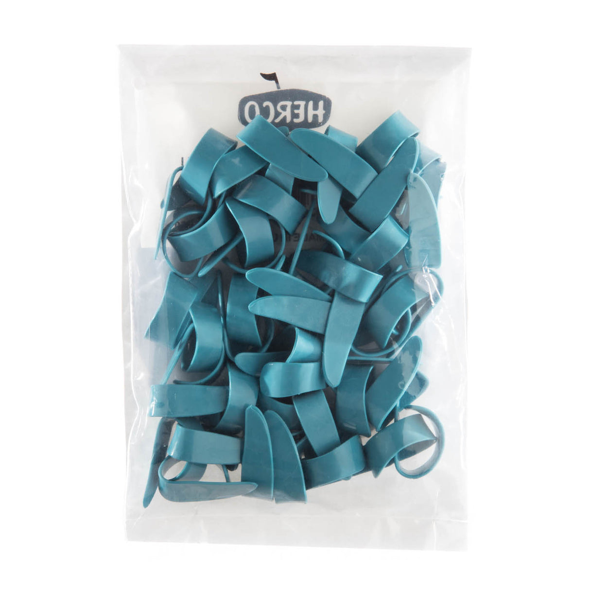Packaged blue plastic thumbpicks with Herco branding on a white background