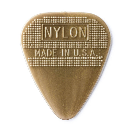Gold guitar pick with 'Nylon Made in U.S.A.' text on a white background