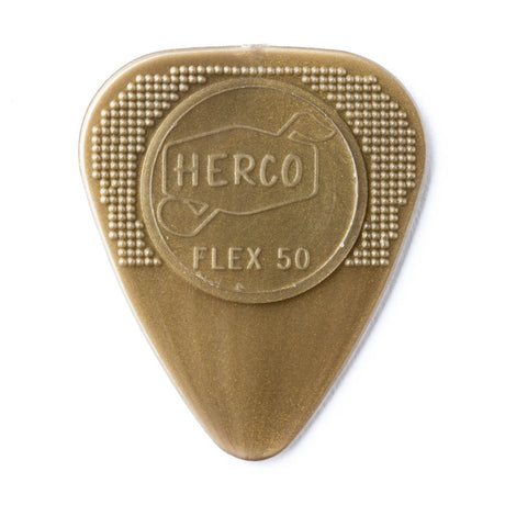 Gold guitar pick with 'HERCO' branding on a white background