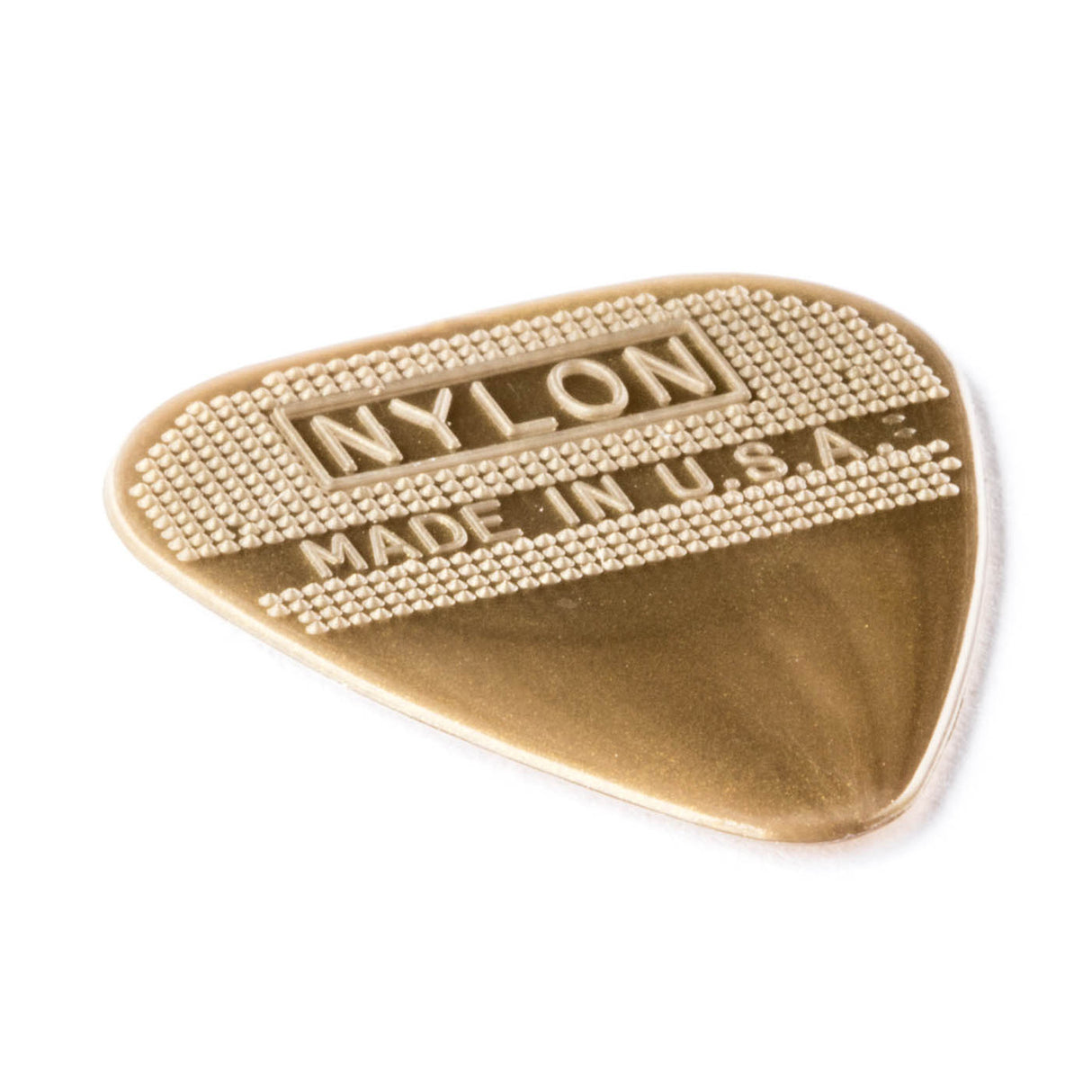 Gold guitar pick with 'Nylon Made in U.S.A.' text on a white background