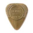 Gold Herco branding guitar pick on a white background