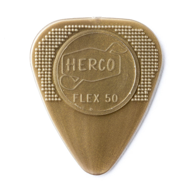 Gold Herco branding guitar pick on a white background