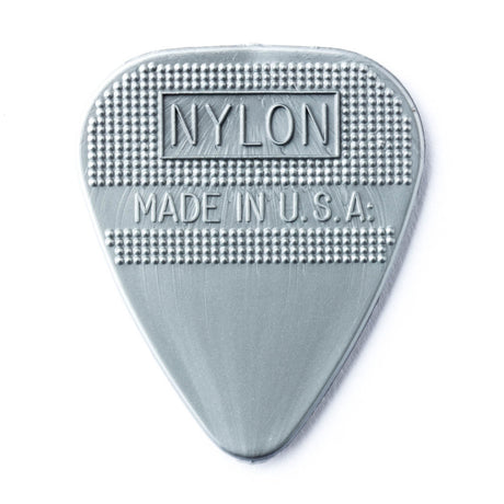 Silver guitar pick with 'Nylon' and 'Made in U.S.A.' text on a white background
