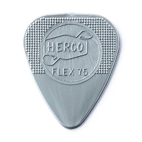 Silver guitar pick with 'HERCO' branding on a white background