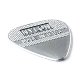 Metallic guitar pick with 'Nylon Made in U.S.A.' text on a white background