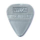 Silver guitar pick with 'Nylon' and 'Made in U.S.A.' text on a white background