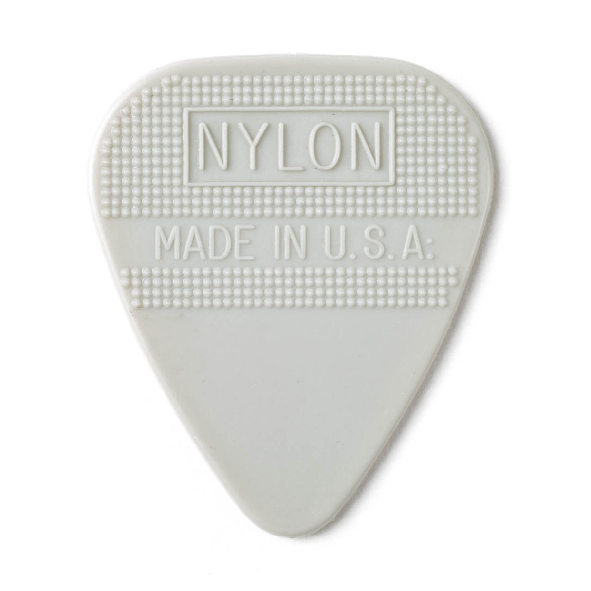 Gray guitar pick with 'Nylon' and 'Made in U.S.A.' text on a white background