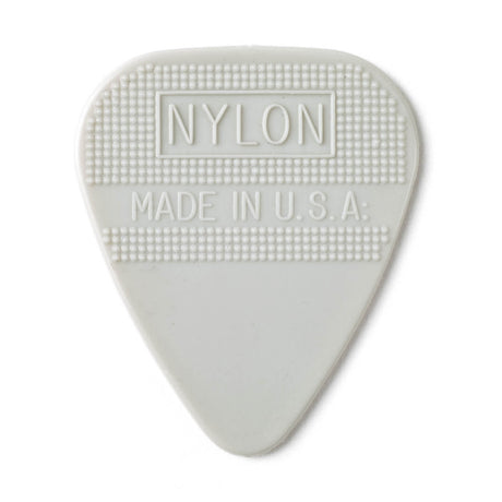 Gray guitar pick with 'Nylon' and 'Made in U.S.A.' text on a white background