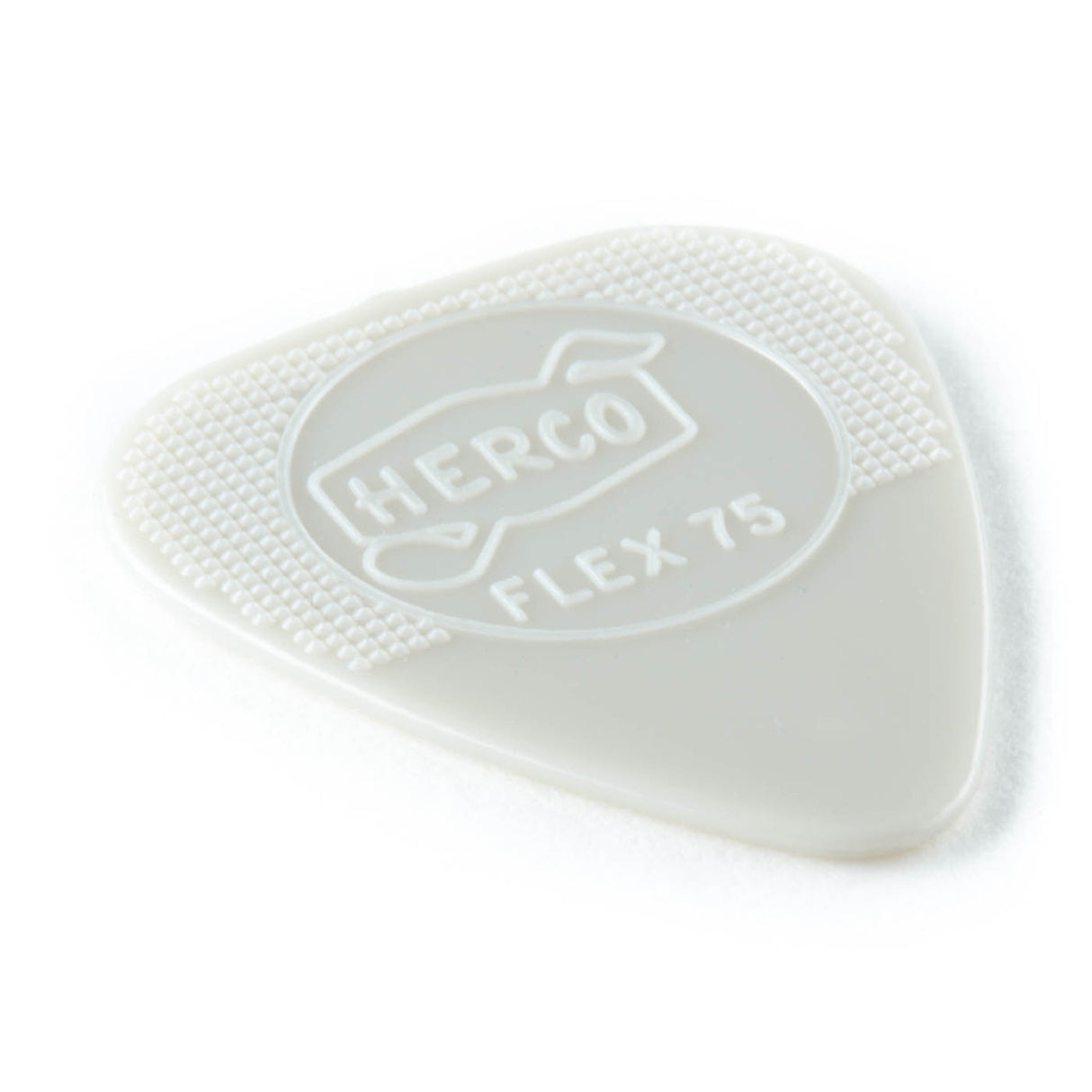 White guitar pick with 'HERCO FLEX 75' branding on a white background