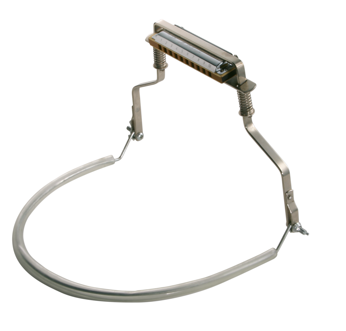 The image shows a harmonica holder, a hands-free accessory worn around the neck to hold a harmonica at mouth level. It features an adjustable metal frame with clamps securing the harmonica, allowing musicians to play it while simultaneously playing another instrument like guitar or piano. Popular in folk, blues, and rock, it’s famously used by artists such as Bob Dylan and Neil Young.