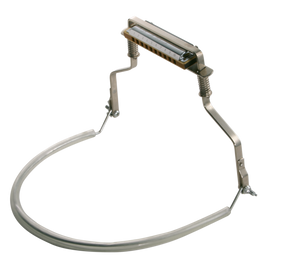 The image shows a harmonica holder, a hands-free accessory worn around the neck to hold a harmonica at mouth level. It features an adjustable metal frame with clamps securing the harmonica, allowing musicians to play it while simultaneously playing another instrument like guitar or piano. Popular in folk, blues, and rock, it’s famously used by artists such as Bob Dylan and Neil Young.
