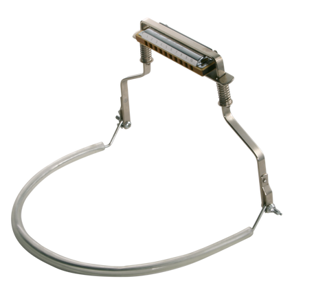 The image shows a harmonica holder, a hands-free accessory worn around the neck to hold a harmonica at mouth level. It features an adjustable metal frame with clamps securing the harmonica, allowing musicians to play it while simultaneously playing another instrument like guitar or piano. Popular in folk, blues, and rock, it’s famously used by artists such as Bob Dylan and Neil Young.