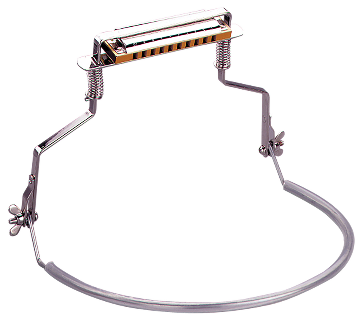 The image shows a harmonica holder—a metal frame worn around the neck with spring-loaded arms securing a wooden-finish diatonic harmonica. It features adjustable mechanisms for precise positioning, enabling hands-free playing while performing on other instruments like guitar. Popularized by Bob Dylan, this professional-grade accessory offers musicians versatility for both studio and live performances.