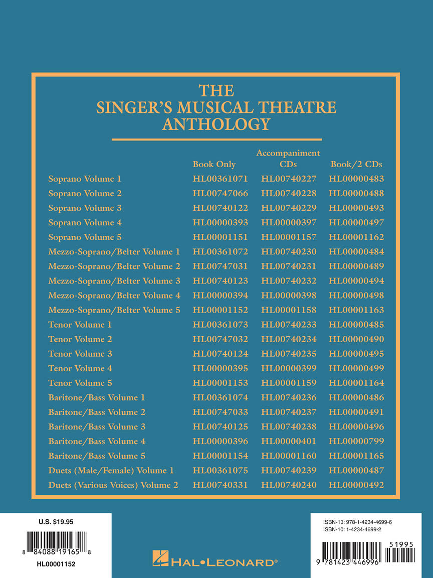 The image shows the back cover of "The Singer's Musical Theatre Anthology" by Hal Leonard, featuring a detailed product list of vocal music books. It includes volumes by voice type—Soprano, Mezzo-Soprano/Belter, Tenor, Baritone/Bass, and Duets—in formats like Book Only, Accompaniment CDs, and combos, with prices, product codes, ISBNs, barcodes, and the Hal Leonard logo.