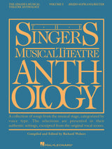 The image shows the cover of "The Singer's Musical Theatre Anthology Volume 5," a teal blue Hal Leonard music book for mezzo-soprano and belter voices. Edited by Richard Walters, it features authentic Broadway song selections from original vocal scores. Part of a popular series, this anthology is widely used by students, professionals, and teachers for auditions, lessons, and performances in musical theatre.