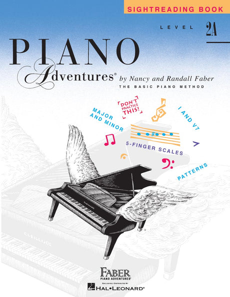 The image shows the cover of "Sightreading Book Level 2A" from the Faber Piano Adventures series by Nancy and Randall Faber. It features a black and white grand piano with stylized wings on a blue-to-white gradient background. Key topics like major/minor scales, 5-finger scales, bass clef patterns, and musical symbols are highlighted around the piano. Published by Hal Leonard, it focuses on developing intermediate beginner sight-reading skills.