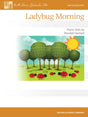 The image shows the cover of a piano sheet music book titled "Ladybug Morning" by Randall Hartsell, part of the Willis Music Spectacular Solos series for mid-elementary pianists. The cover features cartoon ladybugs on green grass, stylized trees, a yellow sun, and a blue sky with musical staff lines blended into the background. It is educational material aimed at young piano students, with whimsical, nature-themed artwork.