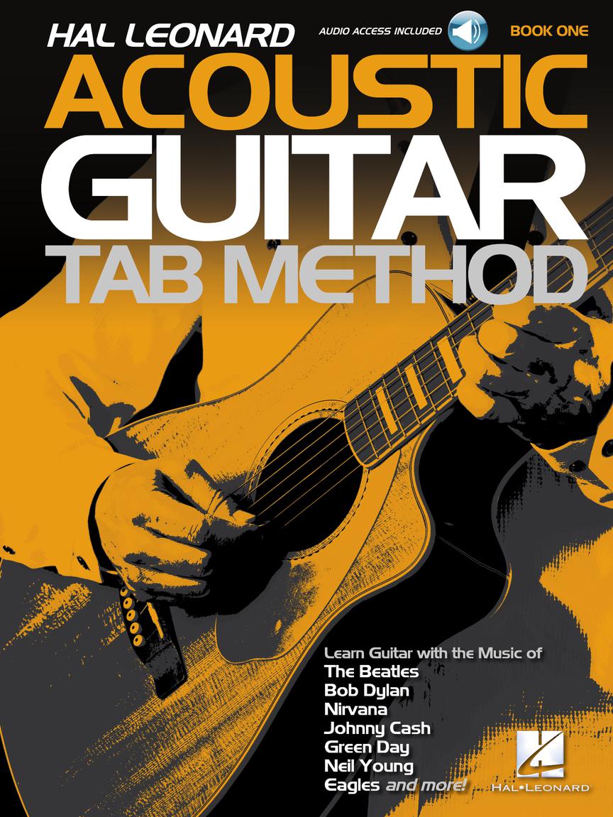 The image shows a Hal Leonard guitar instruction book titled "Acoustic Guitar Tab Method - Book One." It features an orange/yellow and black cover with an illustration of hands playing an acoustic guitar. The book teaches acoustic guitar using tablature and includes audio access. It offers lessons with songs from popular artists like The Beatles, Bob Dylan, Nirvana, and more.