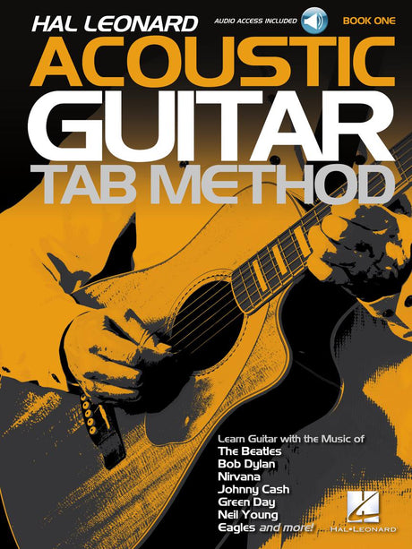 The image shows a Hal Leonard guitar instruction book titled "Acoustic Guitar Tab Method - Book One." It features an orange/yellow and black cover with an illustration of hands playing an acoustic guitar. The book teaches acoustic guitar using tablature and includes audio access. It offers lessons with songs from popular artists like The Beatles, Bob Dylan, Nirvana, and more.