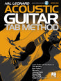 The image shows a Hal Leonard guitar instruction book titled "Acoustic Guitar Tab Method - Book One." It features an orange/yellow and black cover with an illustration of hands playing an acoustic guitar. The book teaches acoustic guitar using tablature and includes audio access. It offers lessons with songs from popular artists like The Beatles, Bob Dylan, Nirvana, and more.