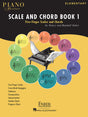 The image shows a piano method book titled "Scale and Chord Book 1" from the Piano Adventures series by Nancy and Randall Faber. The cover features a winged grand piano surrounded by colorful circles with musical key signatures and staff notation. Designed for elementary students, it covers five-finger scales, chords, arpeggios, cadences, transposition, improvisation, duets, and progress tracking. Published by Faber Piano Adventures and distributed by Hal Leonard.