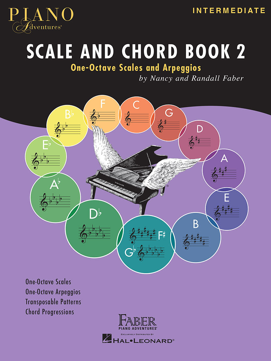 The image shows the cover of "Piano Adventures Scale and Chord Book 2" by Nancy and Randall Faber. It features a stylized grand piano with wings surrounded by colorful circles, each displaying key signatures of all 12 major keys on treble clef staffs. Designed for intermediate students, the book covers one-octave scales, arpeggios, transposable patterns, and chord progressions. Published by Faber Piano Adventures and distributed by Hal Leonard.
