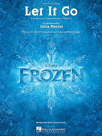 The image shows sheet music for "Let It Go" from Disney's *Frozen*, arranged for piano, vocal, and guitar by Hal Leonard Corporation. The cover features the iconic icy blue design with snowflakes. Music and lyrics are by Kristen Anderson-Lopez and Robert Lopez, with the arrangement credited to Idina Menzel. This sheet music allows musicians to play and sing the popular song on piano and guitar.