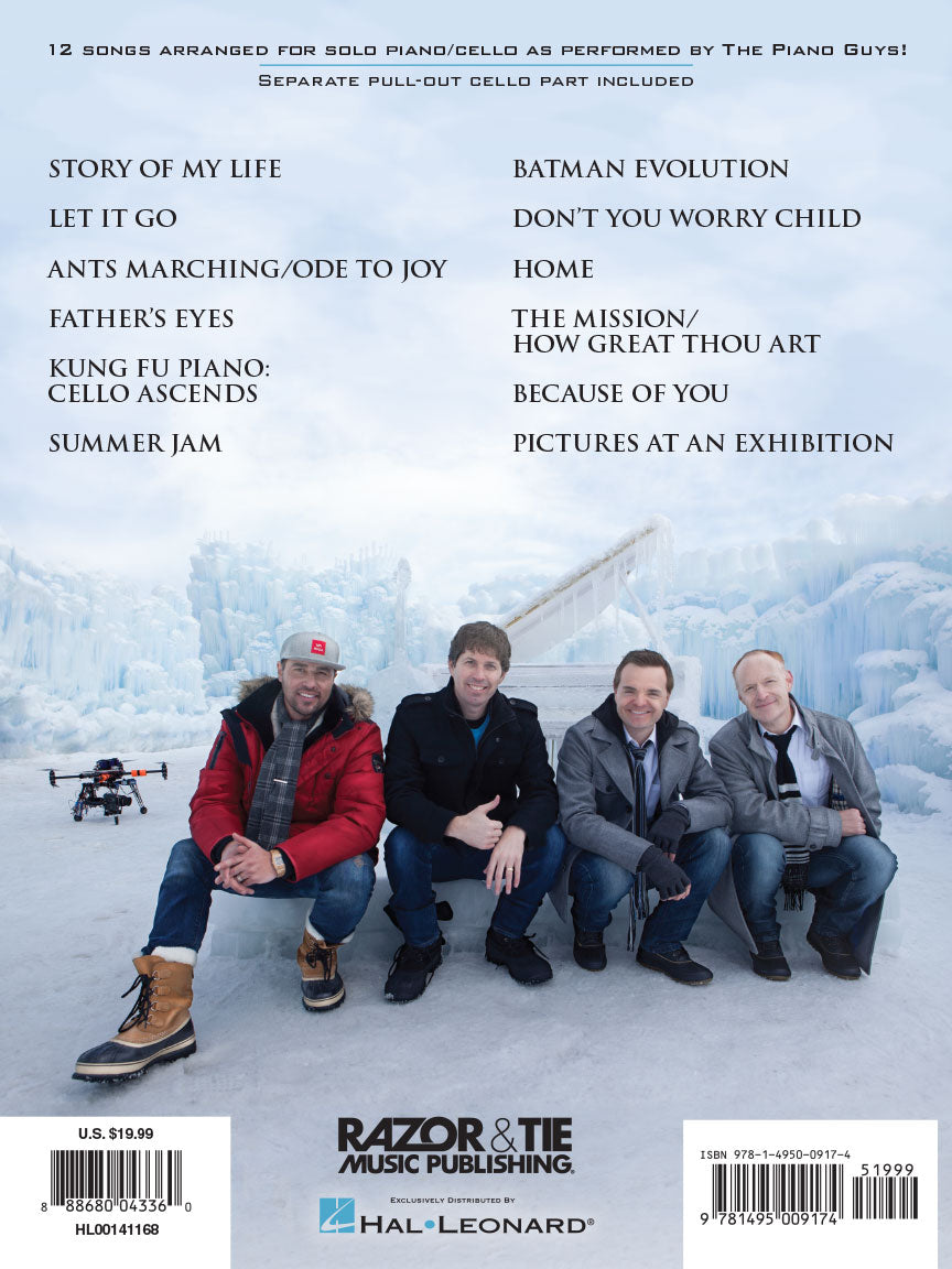 The image shows a sheet music book cover with 12 piano and cello arrangements performed by The Piano Guys, including hits like "Let It Go" and "Story of My Life." Published by Razor & Tie and distributed by Hal Leonard, it includes a pull-out cello part. Priced at $19.99, ISBN 978-1-4950-0917-4, it features modern pop and movie themes arranged for classical instruments.