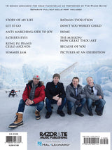 The image shows a sheet music book cover with 12 piano and cello arrangements performed by The Piano Guys, including hits like "Let It Go" and "Story of My Life." Published by Razor & Tie and distributed by Hal Leonard, it includes a pull-out cello part. Priced at $19.99, ISBN 978-1-4950-0917-4, it features modern pop and movie themes arranged for classical instruments.