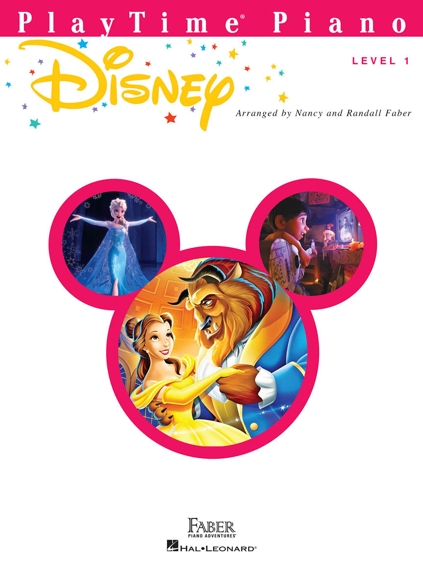 The image shows the cover of "PlayTime Piano Disney Level 1," a beginner piano book arranged by Nancy and Randall Faber, published by Faber Piano Adventures and Hal Leonard. The cover features the yellow Disney logo, colorful stars, and a Mickey Mouse head shape with images of Belle and Beast, Elsa, and a scene from "Coco." This book introduces young learners to simplified Disney piano songs.