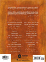 The image shows the back cover of a piano music album or songbook with a wood grain background. It features a testimonial praising pianist Paul Cardall’s hymn arrangements, a two-column tracklist of traditional Christian hymns, and publishing details including a $24.99 price, Anthem Entertainment and Hal Leonard logos, ISBN, barcode, and product code HL00295925.