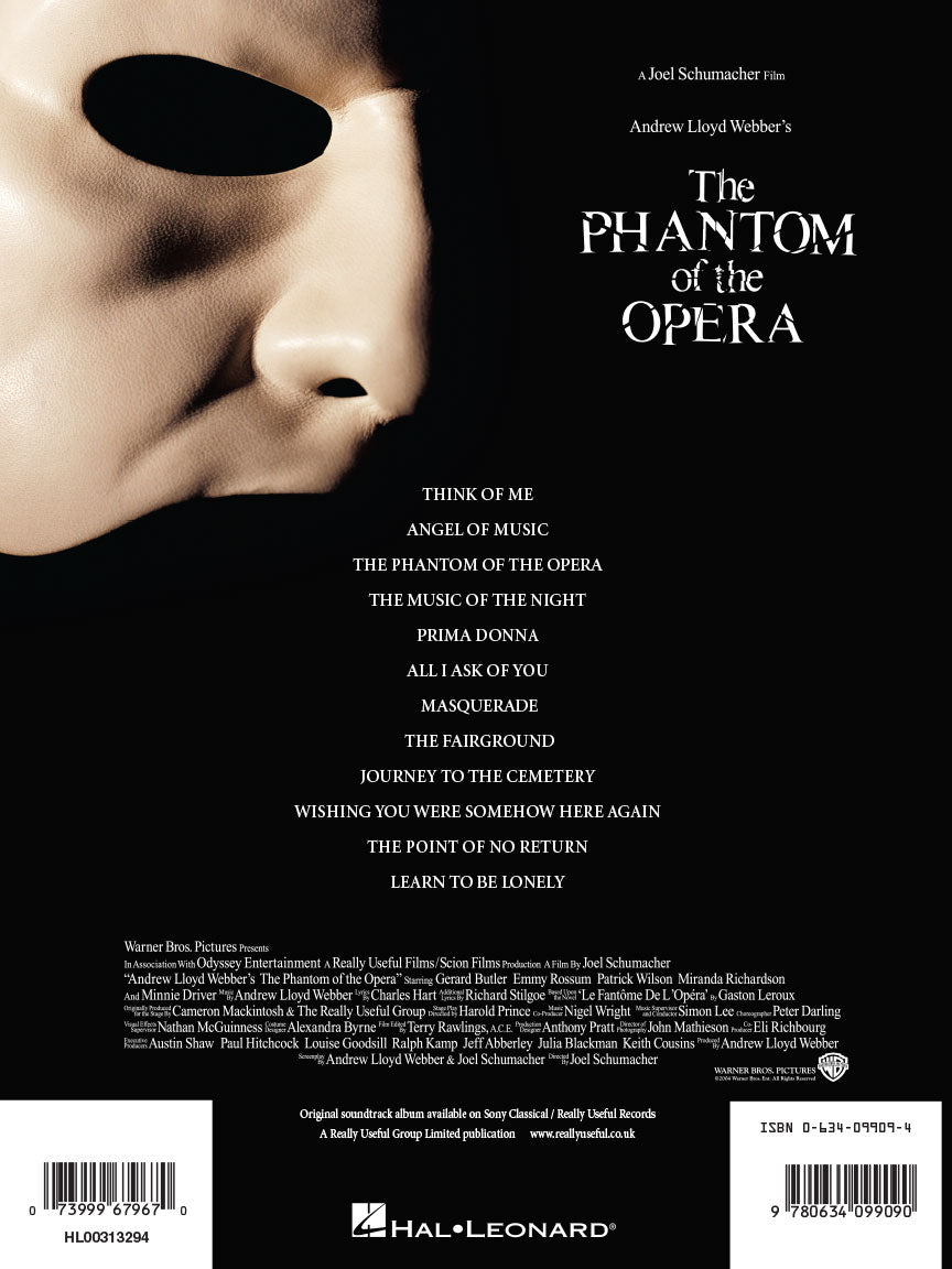The image shows the cover of a sheet music songbook for Andrew Lloyd Webber's "The Phantom of the Opera," featuring the iconic half-mask and a list of famous songs like "Think of Me" and "The Music of the Night." It includes the Hal Leonard logo, barcodes, and an ISBN, indicating it is a published music book for musicians and students to learn and perform songs from the musical.