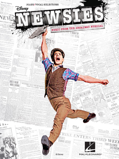 The image shows the cover of a Disney "Newsies" piano/vocal songbook published by Hal Leonard. It features a performer in period costume jumping against a vintage newspaper background, reflecting the musical’s early 20th-century New York newsboy theme. The book includes piano arrangements, vocal melodies with lyrics, and guitar chords for musicians learning songs from the Broadway show.