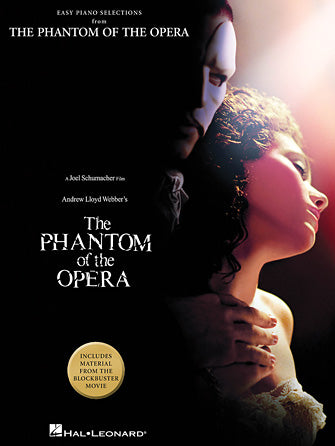 The image shows a piano music book titled "Easy Piano Selections from The Phantom of the Opera," published by Hal Leonard. The cover features the phantom's mask, dramatic lighting, and a gold medallion highlighting "8 Hit Songs from the Blockbuster Musical." This simplified sheet music offers accessible piano arrangements from Andrew Lloyd Webber’s famous musical, popular among students and amateur musicians.