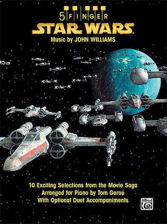 The image shows a music sheet book titled "5 Finger Star Wars" arranged for piano by Tom Gerou, featuring John Williams' music. The cover depicts a Star Wars space battle with X-wing fighters and the Death Star. The book includes 10 simplified piano arrangements with optional duet accompaniments, aimed at beginner to intermediate players. It is published by Alfred Music.