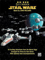 The image shows a music sheet book titled "5 Finger Star Wars" arranged for piano by Tom Gerou, featuring John Williams' music. The cover depicts a Star Wars space battle with X-wing fighters and the Death Star. The book includes 10 simplified piano arrangements with optional duet accompaniments, aimed at beginner to intermediate players. It is published by Alfred Music.