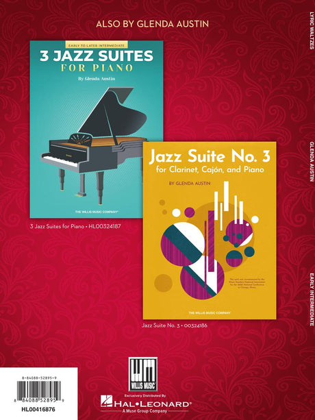 The image shows two jazz sheet music publications by Glenda Austin, published by The Willis Music Company and distributed by Hal Leonard. The first is "3 Jazz Suites for Piano," a teal cover with a grand piano illustration (catalog HL00324187, early to later intermediate level). The second, "Jazz Suite No. 3 for Clarinet, Cajón, and Piano," has a golden-yellow cover with abstract geometric designs (catalog OO324186). Both feature barcodes and are for intermediate musicians.