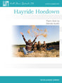 The image shows the cover of a piano solo sheet music book titled "Hayride Hoedown" by Glenda Austin, published by The Willis Music Company for later elementary students. The cover features children joyfully playing in hay, with one child throwing hay in the air, reflecting the playful, rural theme. The design has a teal color scheme and the Willis Music logo with stylized piano keys at the top.