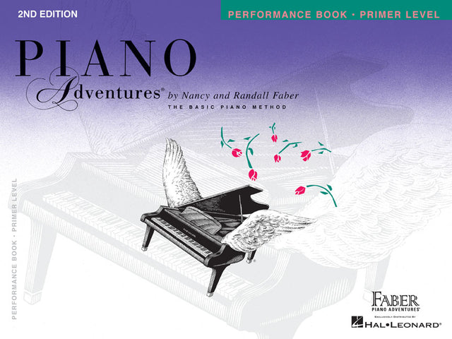 The image shows the cover of the "Piano Adventures" Performance Book, Primer Level, 2nd Edition by Nancy and Randall Faber. It features a grand piano with wings and pink and teal musical notes above, set against a purple-to-white gradient background with musical staff lines. Published by Faber Piano Adventures and Hal Leonard, this book is part of a popular beginner piano method.