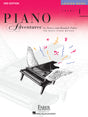 The image shows the cover of "Piano Adventures Level 1 Lesson Book, 2nd Edition" by Nancy and Randall Faber. It features a whimsical grand piano with wings, surrounded by colorful musical notes and symbols, set against a pink-to-white gradient background. The title is prominently displayed in bold and script fonts. This beginner piano book aims to inspire musical learning and adventure.