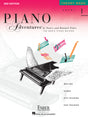 The image shows the cover of "Piano Adventures Theory Book Level 1, 2nd Edition" by Nancy and Randall Faber, part of The Basic Piano Method series. It features a black grand piano with wings flying through colorful musical staff lines with scattered notes. The book includes writing, games, eye-training, and ear-training exercises, published by Faber Piano Adventures and distributed by Hal Leonard, designed for beginning piano students.