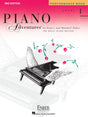 The image shows the cover of "Piano Adventures Performance Book - Level 1 (2nd Edition)" by Nancy and Randall Faber. Part of the Basic Piano Method series, it features a grand piano with wings and floating pink flowers on a pink gradient background. Published by Faber Piano Adventures and Hal Leonard, this beginner piano book focuses on performance pieces for new students.