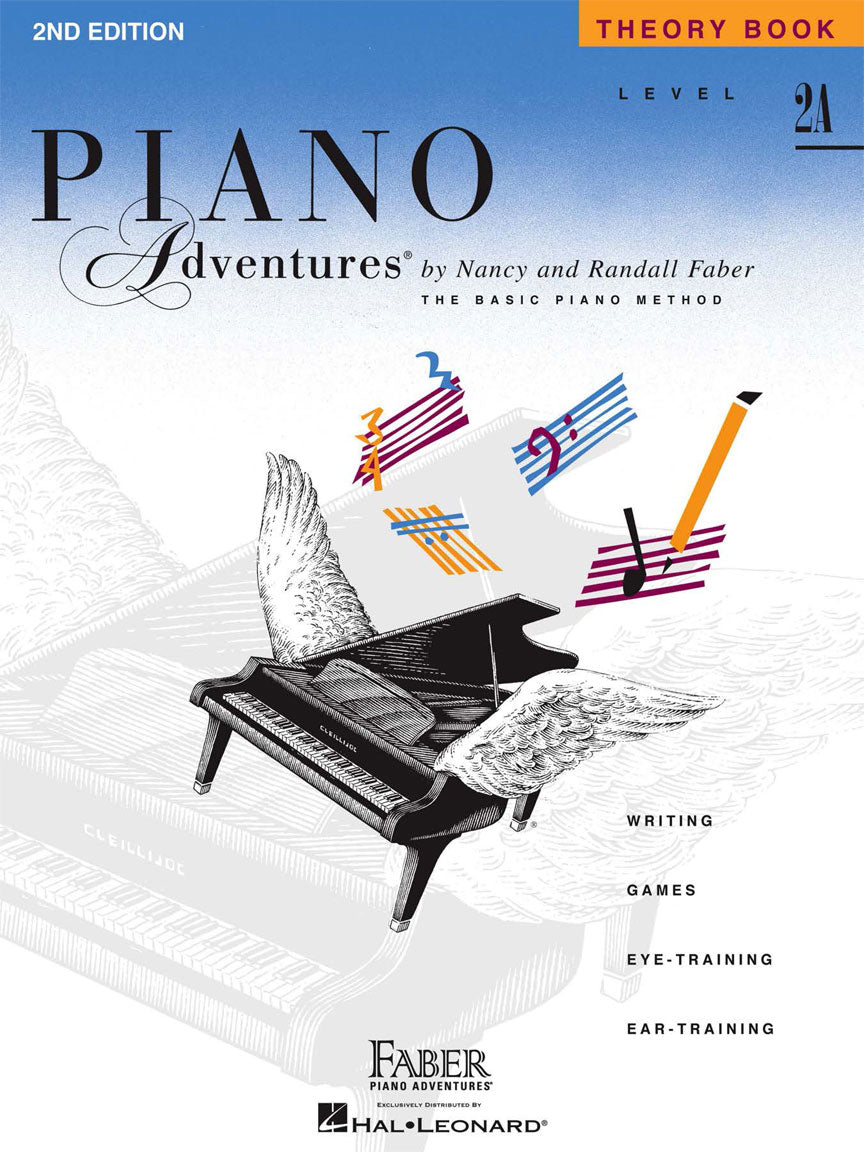 The image shows the cover of "Piano Adventures Theory Book Level 2A" (2nd Edition) by Nancy and Randall Faber, part of "The Basic Piano Method" series. The cover features a grand piano with wings, colorful musical notes, and a blue gradient background with staff lines. This theory book supports piano lessons with writing exercises, games, and ear- and eye-training, aimed at students beyond beginner level.