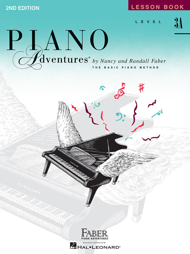 The image shows the cover of "Piano Adventures" 2nd Edition Level 3A Lesson Book by Nancy and Randall Faber. It features a grand piano with wings and floating musical notes, symbolizing creativity and musical learning. The teal-to-white gradient background highlights the book, published by Faber Piano Adventures and distributed by Hal Leonard, designed for intermediate-beginner piano students.