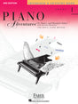 The image shows the cover of "Piano Adventures Level 1 - Technique & Artistry Book, 2nd Edition" by Nancy and Randall Faber with Victoria McArthur. It features a winged grand piano surrounded by musical terms like "fingers," "wrist," and symbols such as "f" and "p." The colorful pink-to-orange gradient and playful design appeal to beginners learning piano technique and artistry, published by Faber Piano Adventures and Hal Leonard.
