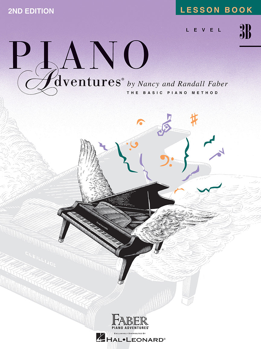 The image shows the cover of "Piano Adventures Level 3B Lesson Book" (2nd Edition) by Nancy and Randall Faber. It features a winged grand piano with floating musical notes and symbols against a purple-to-white gradient. Part of the popular Piano Adventures series, this intermediate-level book offers exercises and songs for progressing piano students.