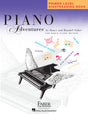 The image shows a music instruction book titled "Piano Adventures" by Nancy and Randall Faber. It is a primer-level sightreading book from "The Basic Piano Method." The cover features a black-and-white illustration of a grand piano with wings. Colorful callouts highlight key concepts like "Don't practice this!" and "Eye-tracking," emphasizing fundamental sightreading skills for beginners. Published by Faber Piano Adventures and distributed by Hal Leonard.
