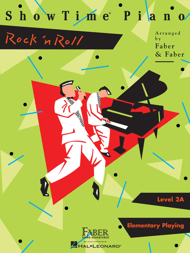 The image shows the cover of "ShowTime Piano Rock 'n Roll" Level 2A from Faber & Faber's Elementary Playing series. It features a stylized illustration of a singer with a microphone and a pianist against a lime green background with red, black, and blue retro rock 'n roll design elements. Published by Faber Piano Adventures and distributed by Hal Leonard, the book is aimed at elementary piano students learning rock and roll styles.