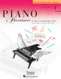 The image shows the cover of "Piano Adventures Sightreading Book Level 1" by Nancy and Randall Faber. It features a pink-to-white gradient background, a black-and-white grand piano with wings illustration, and musical terms like "INTERVALS," "EYE-TRACKING," and "PATTERNS." The subtitle reads "THE BASIC PIANO METHOD" with a "DON'T PRACTICE THIS!" note, emphasizing its use for developing beginner sight-reading skills.